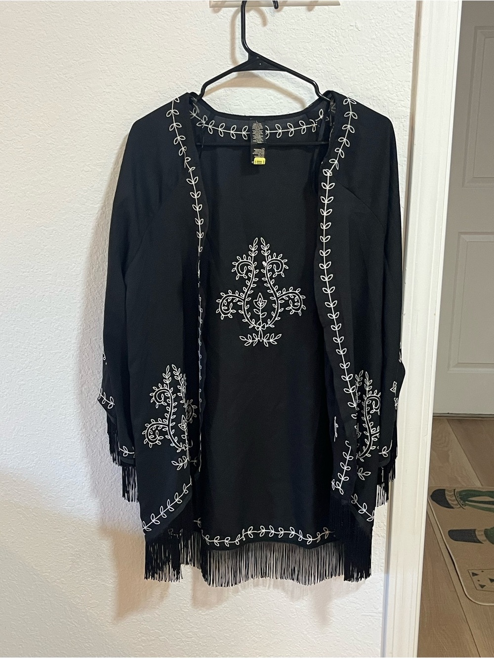 Black Embroidered Fringe Women's kimono open style Cardigan